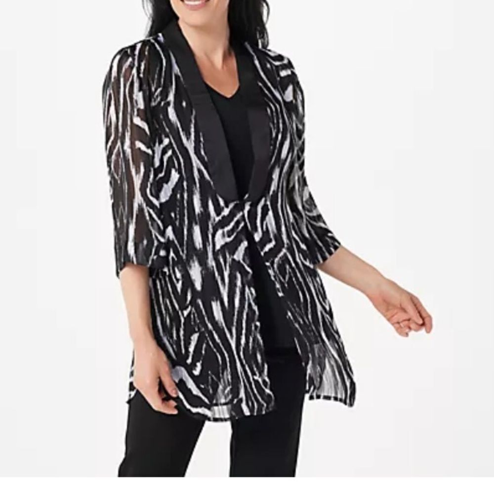 Dennis Basso Women's L Black Animal Print Open-Front Duster Cardigan